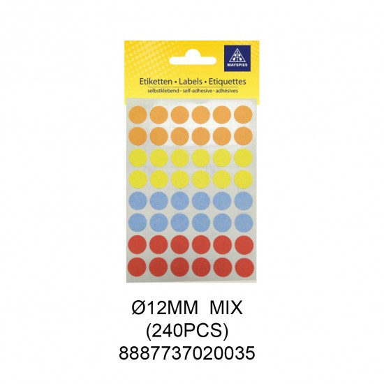 MAYSPIES MS012M COLOUR DOT LABEL / 5 SHEETS/PKT / 240PCS / ROUND 12MM MIX